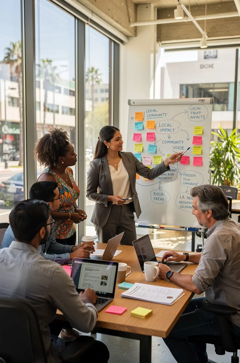 Two individuals exchanging ideas and reviewing notes together in a bright, collaborative workspace with cityscape views.