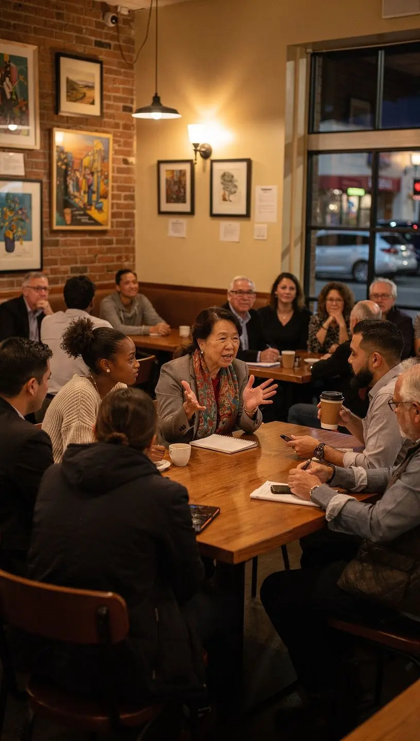 Close-up of a hand pointing to a map marked with various community events and local hotspots relevant to blog content.
