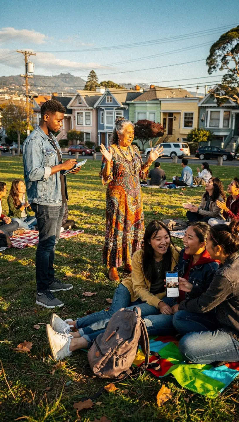 Group of diverse community members discussing local trends and sharing knowledge in a casual meeting setting.